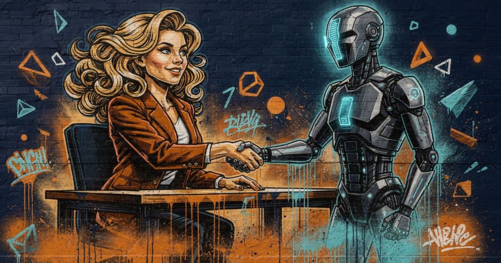 KI im Marketing - Marketing-Expertin gibt einer KI-Visualisierung in Form eines Roboters die Hand