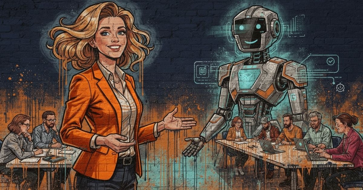 KI-Training im Mittelstand: Eine KI-Trainerin steht mit einer KI-Visualisierung in Form eines Roboters vor einer Gruppe an Teilnehmern des Kurses