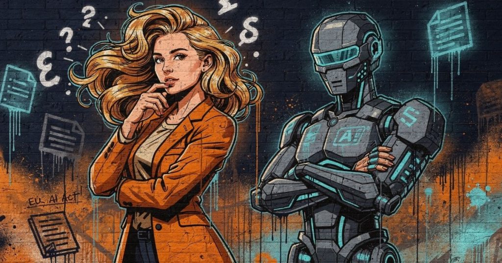 KI rechtssicher nutzen: Eine Marketing-Expertin steht nachdenklich neben einer KI-Visualisierung in Form eines Roboters