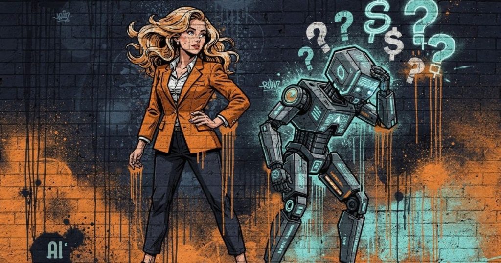 EU KI-Verordnung: Marketingexpertin steht selbstbewusst neben verzweifelter KI-Visualisierung in Form eines Roboters